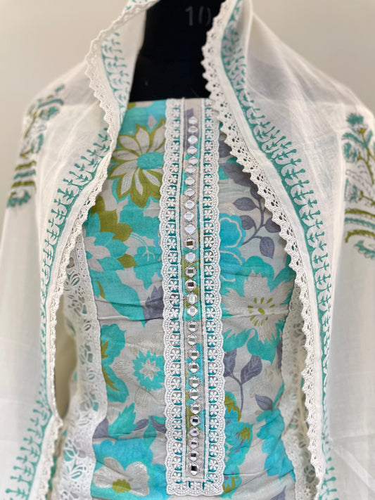 Aqua Floral Grace Unstiched Suit Set