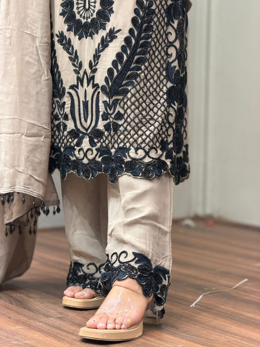 Elegant Beige & Black Embroidered Designer Suit test