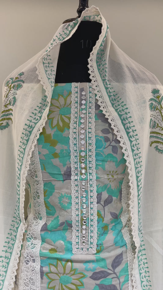 Aqua Floral Grace Unstiched Suit Set